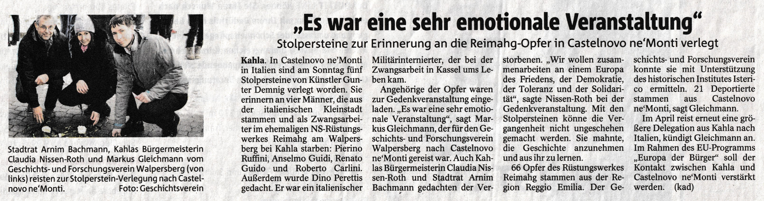 OTZ 2017 Artikel über Stolpersteine in Castelnovo